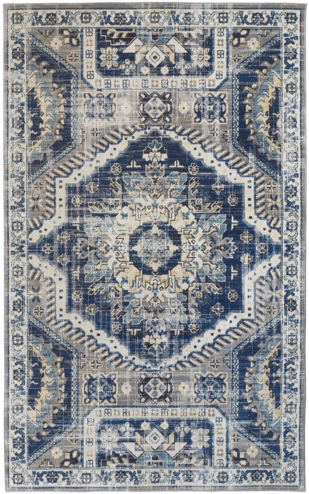 7' X 10' Blue And Ivory Abstract Power Loom Distressed Stain Resistant Area Rug