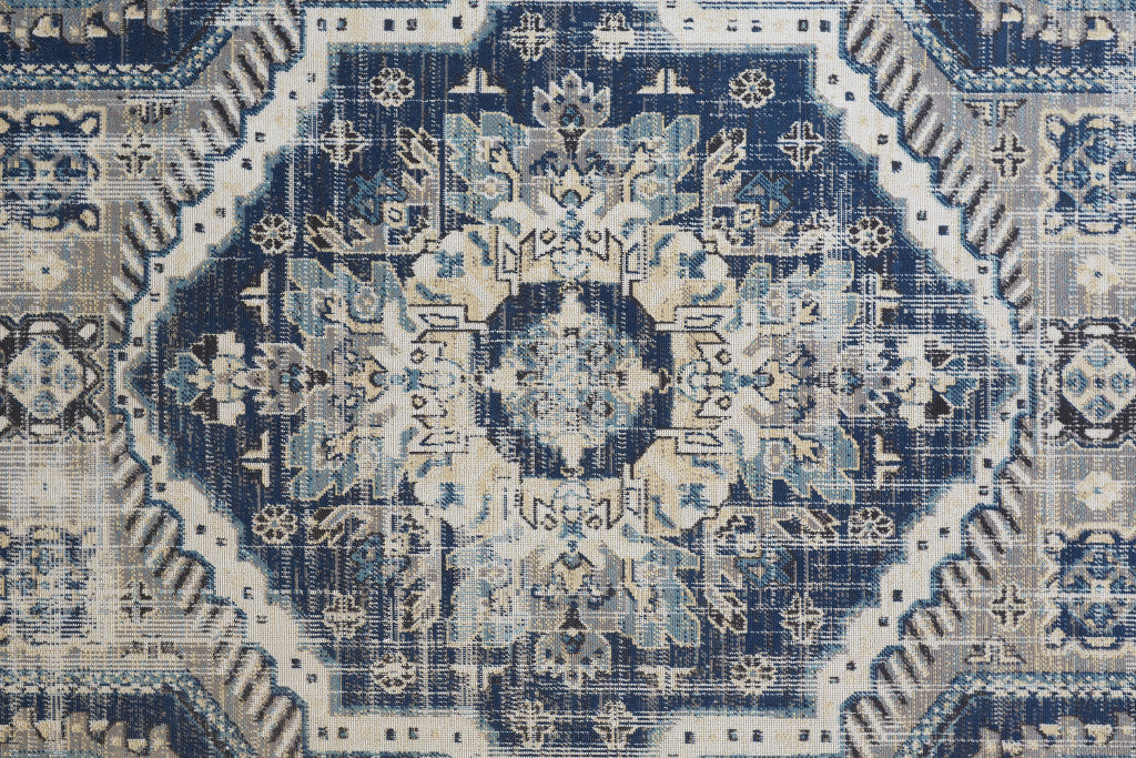 7' X 10' Blue And Ivory Abstract Power Loom Distressed Stain Resistant Area Rug