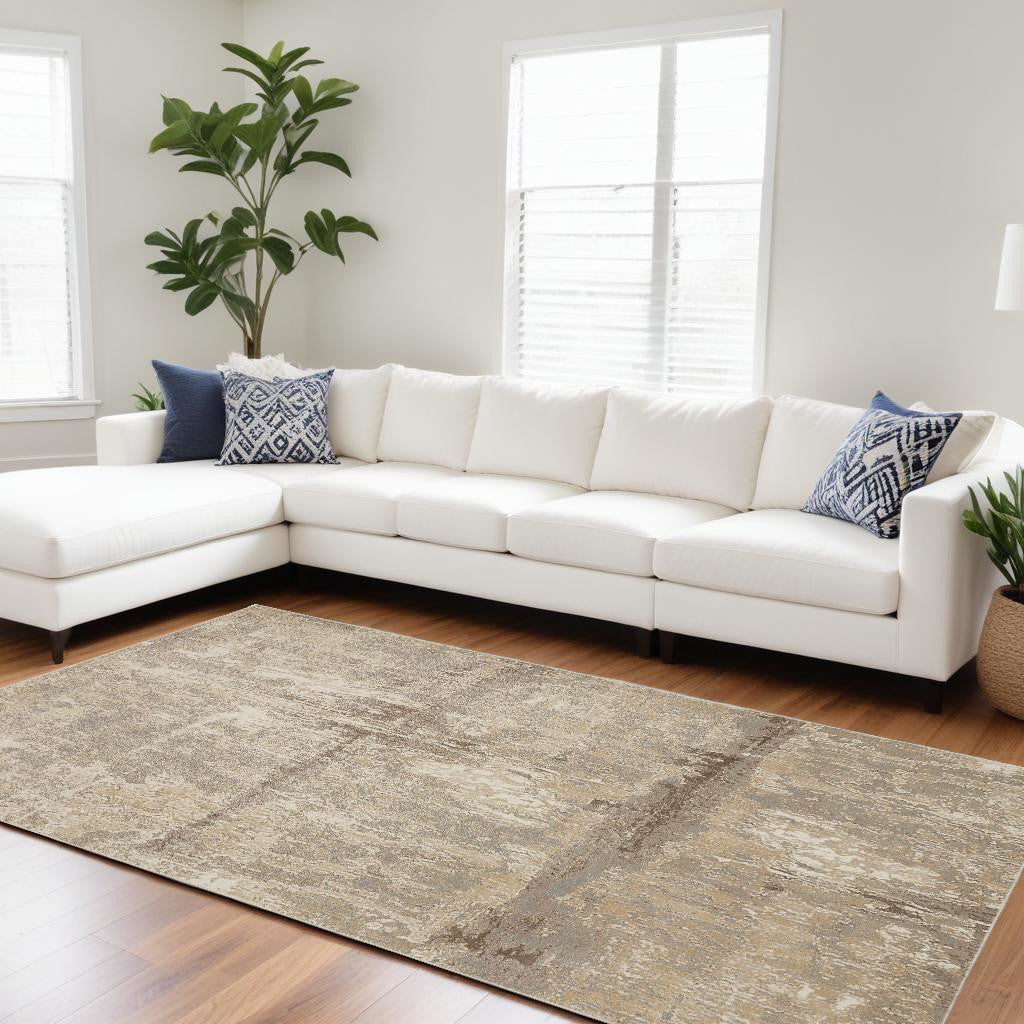 9' X 12' Tan Ivory And Brown Abstract Area Rug