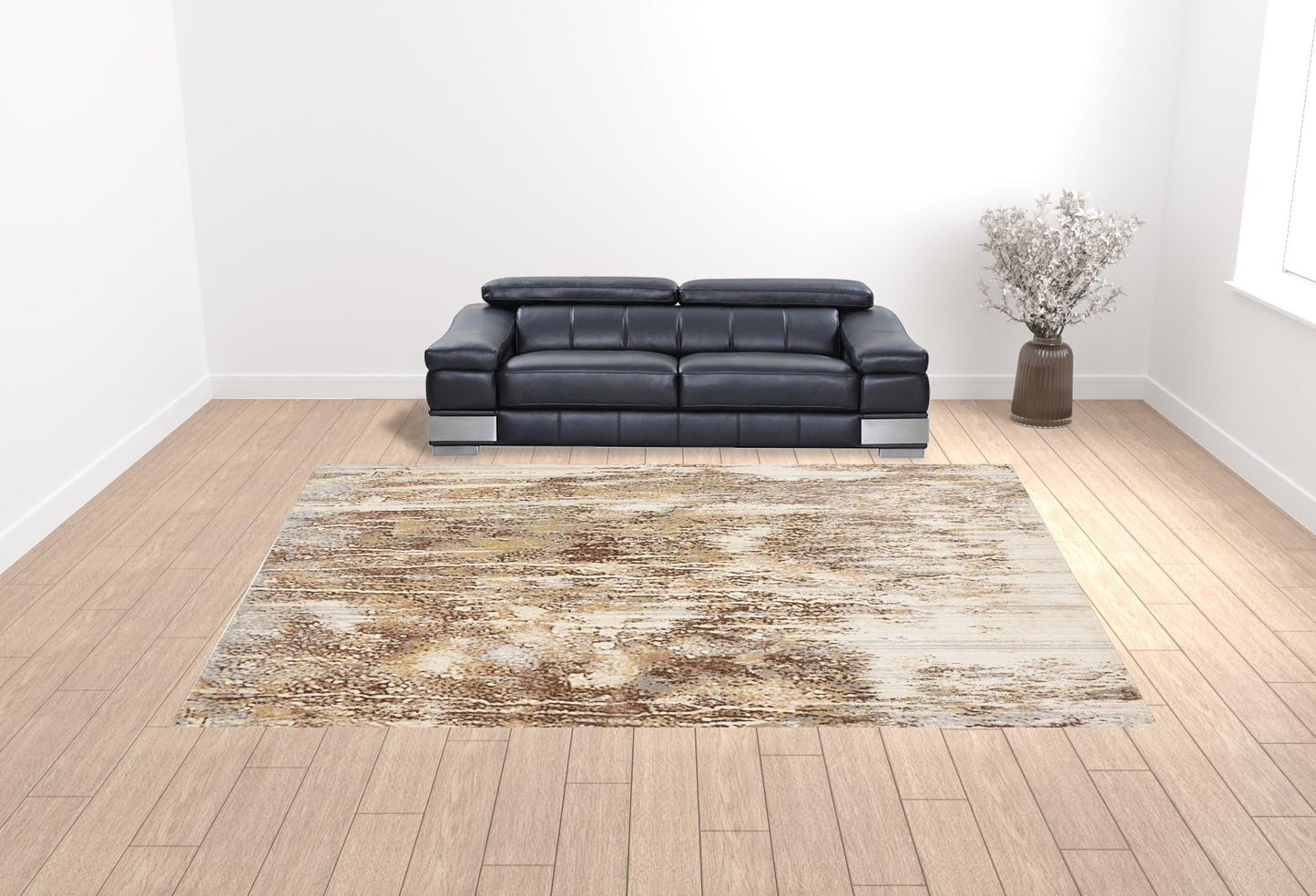 8' Tan Ivory And Brown Round Abstract Area Rug