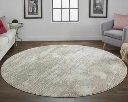 8' Tan Ivory And Brown Round Abstract Area Rug