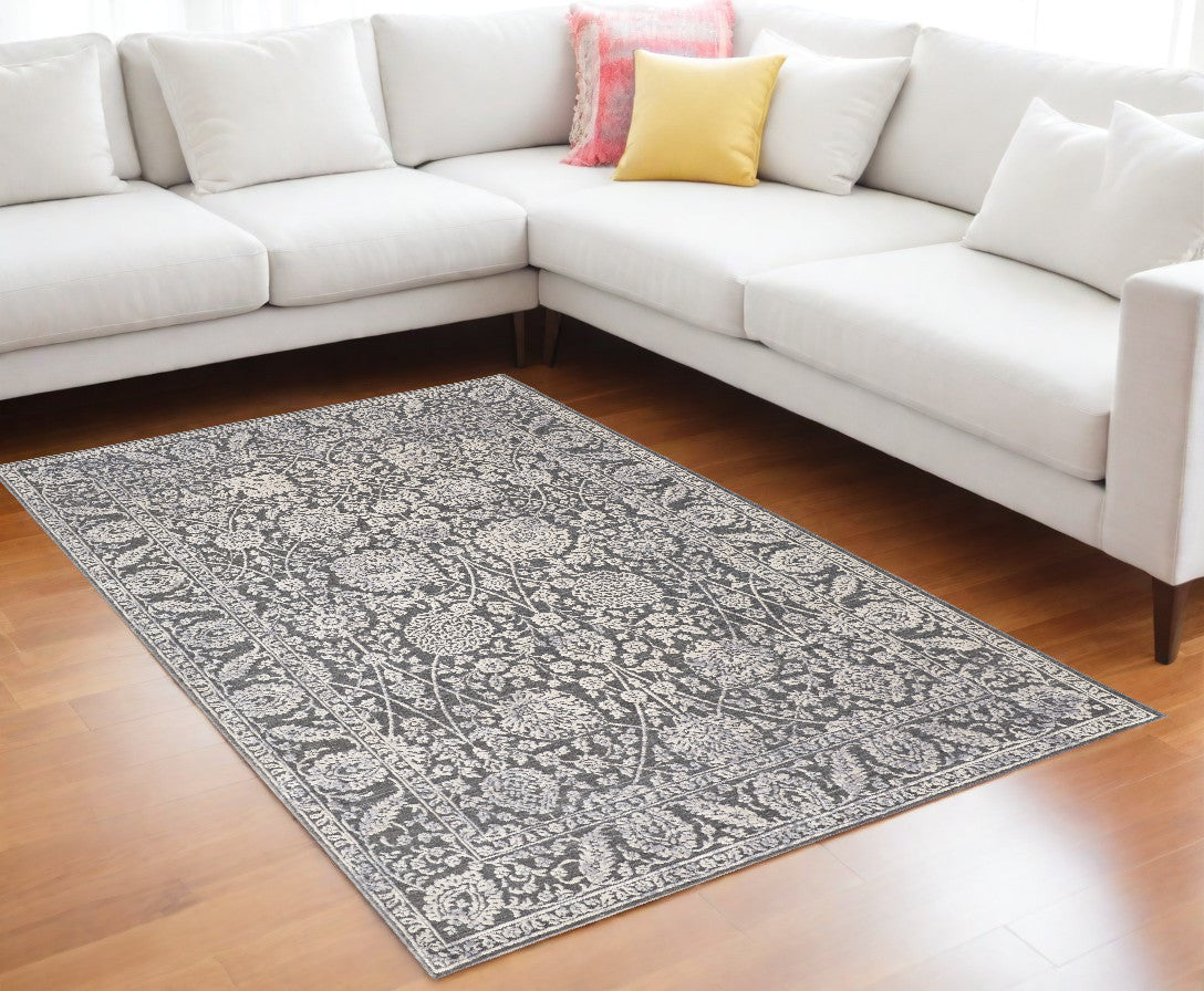 9' X 13' Taupe and Ivory Floral Power Loom Area Rug