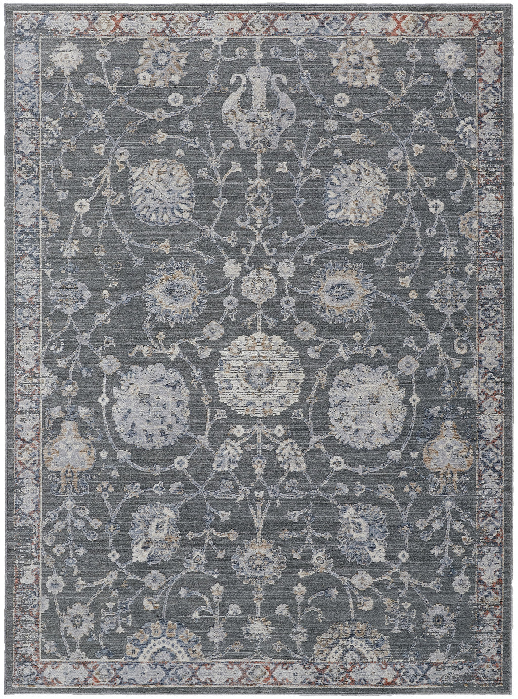 9' X 13' Gray and Ivory Floral Power Loom Area Rug