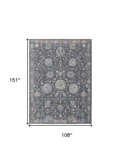 9' X 13' Gray and Ivory Floral Power Loom Area Rug