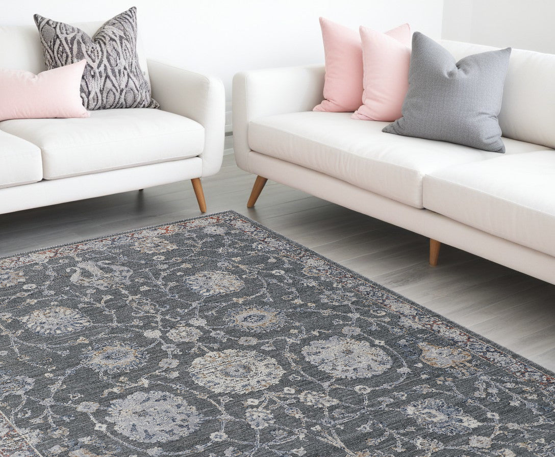 9' X 13' Gray and Ivory Floral Power Loom Area Rug