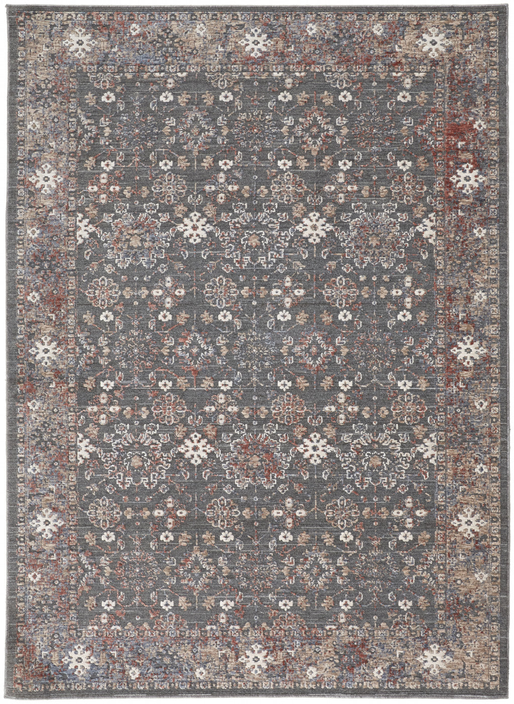 9' X 13' Gray and Ivory Floral Power Loom Area Rug