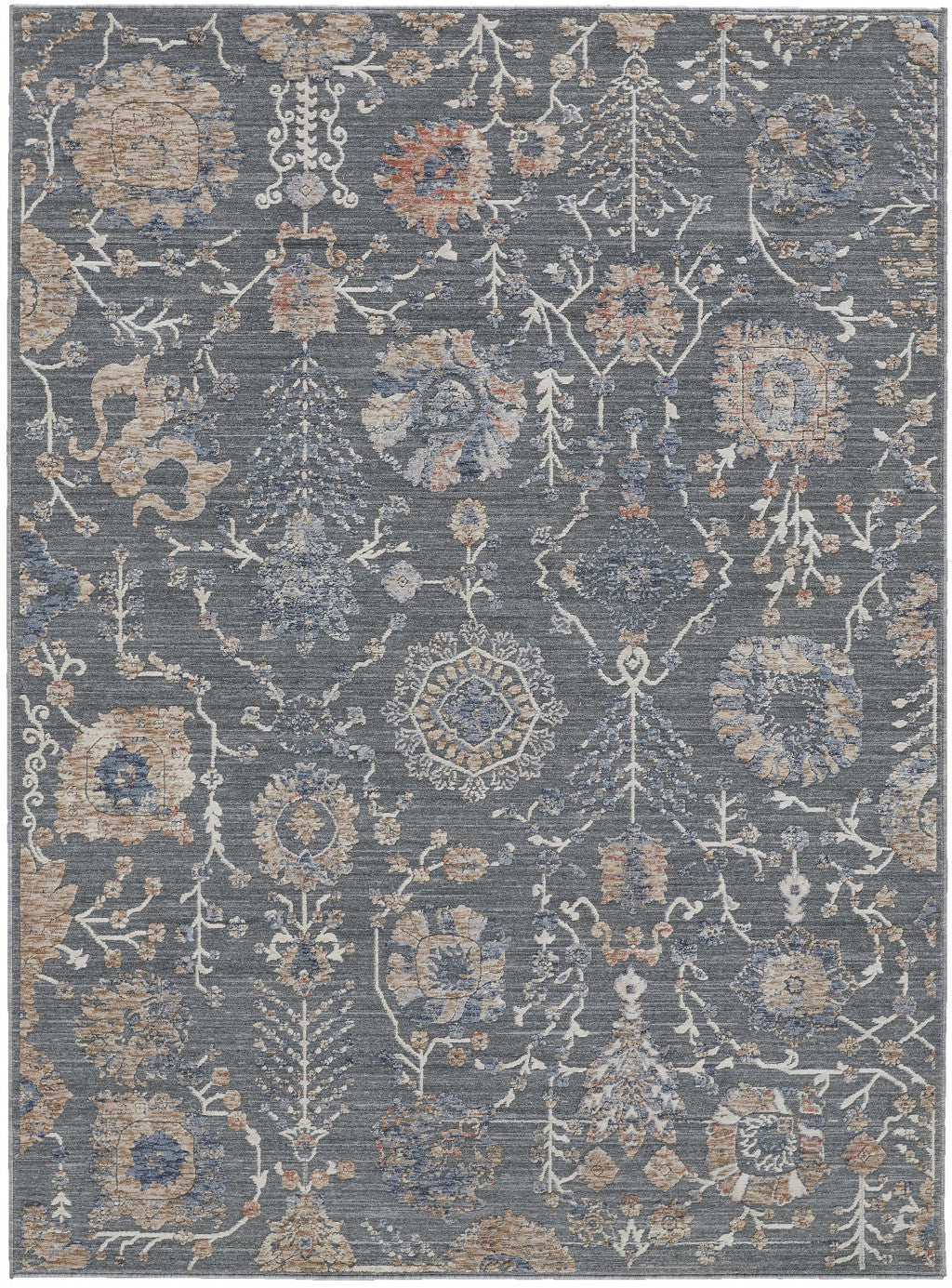 9' X 13' Gray and Ivory Floral Power Loom Area Rug