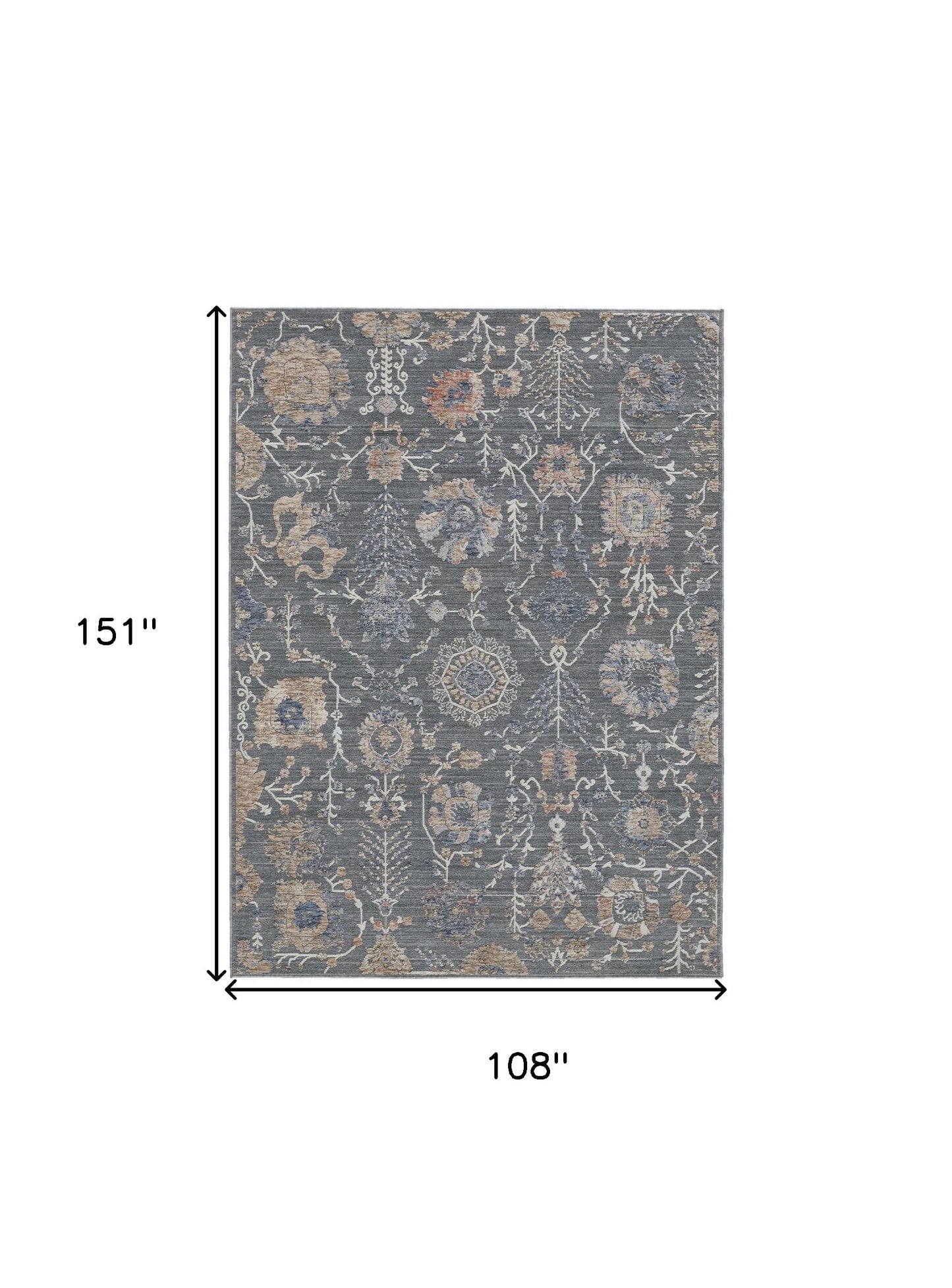 9' X 13' Gray and Ivory Floral Power Loom Area Rug