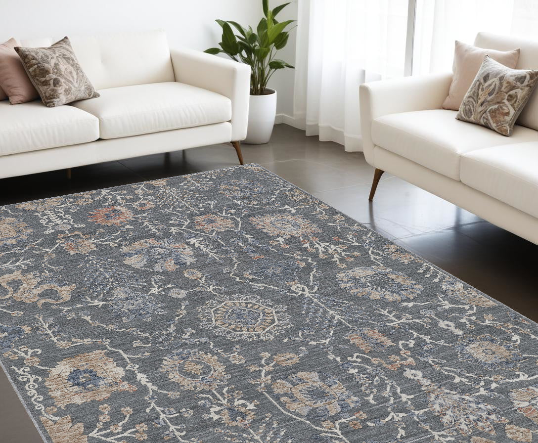 9' X 13' Gray and Ivory Floral Power Loom Area Rug