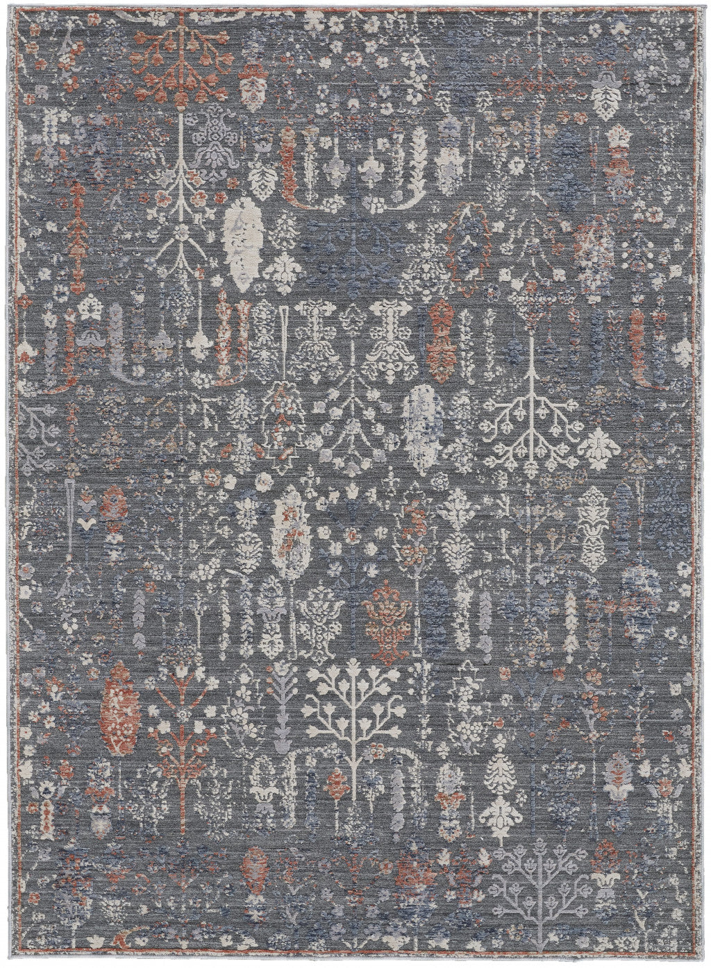 9' X 13' Gray and Ivory Floral Power Loom Area Rug