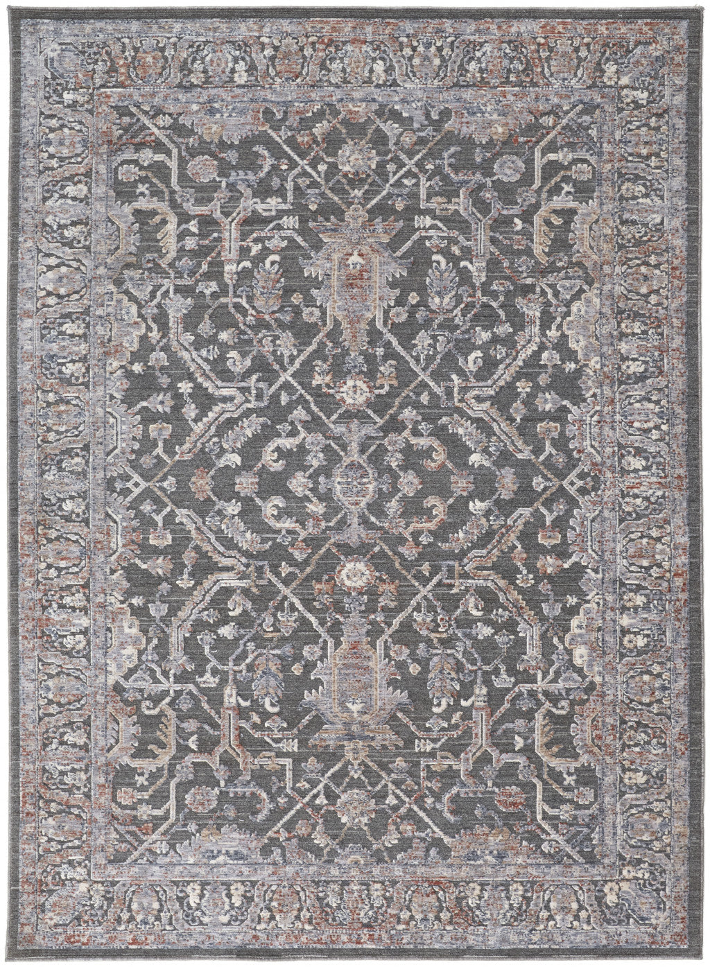 9' X 13' Gray and Ivory Floral Power Loom Area Rug