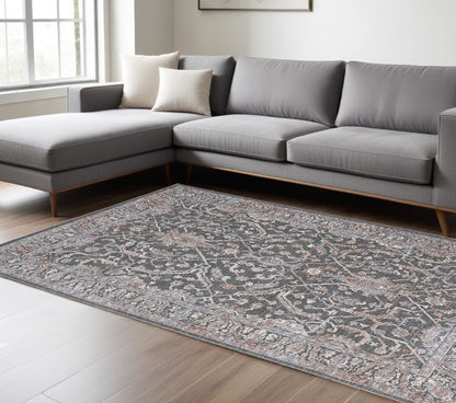 9' X 13' Gray and Ivory Floral Power Loom Area Rug