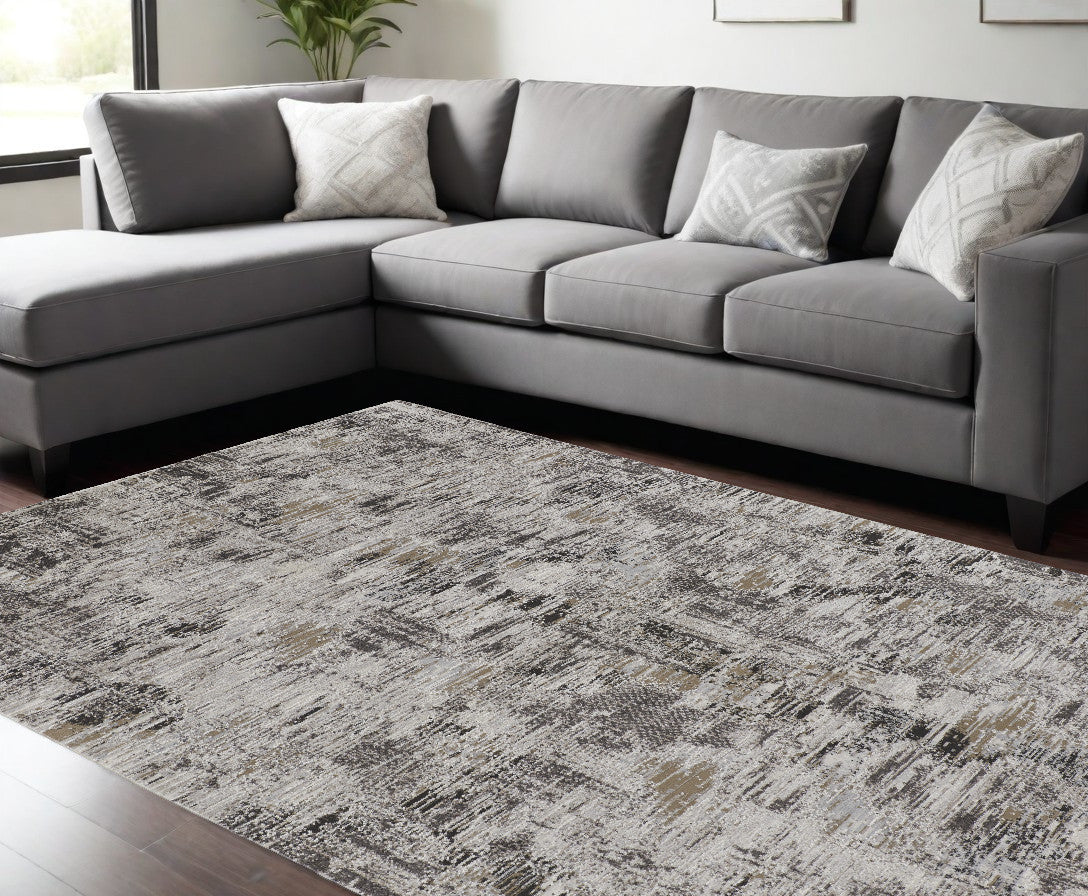 9' X 12' Gray and Ivory Abstract Power Loom Distressed Area Rug