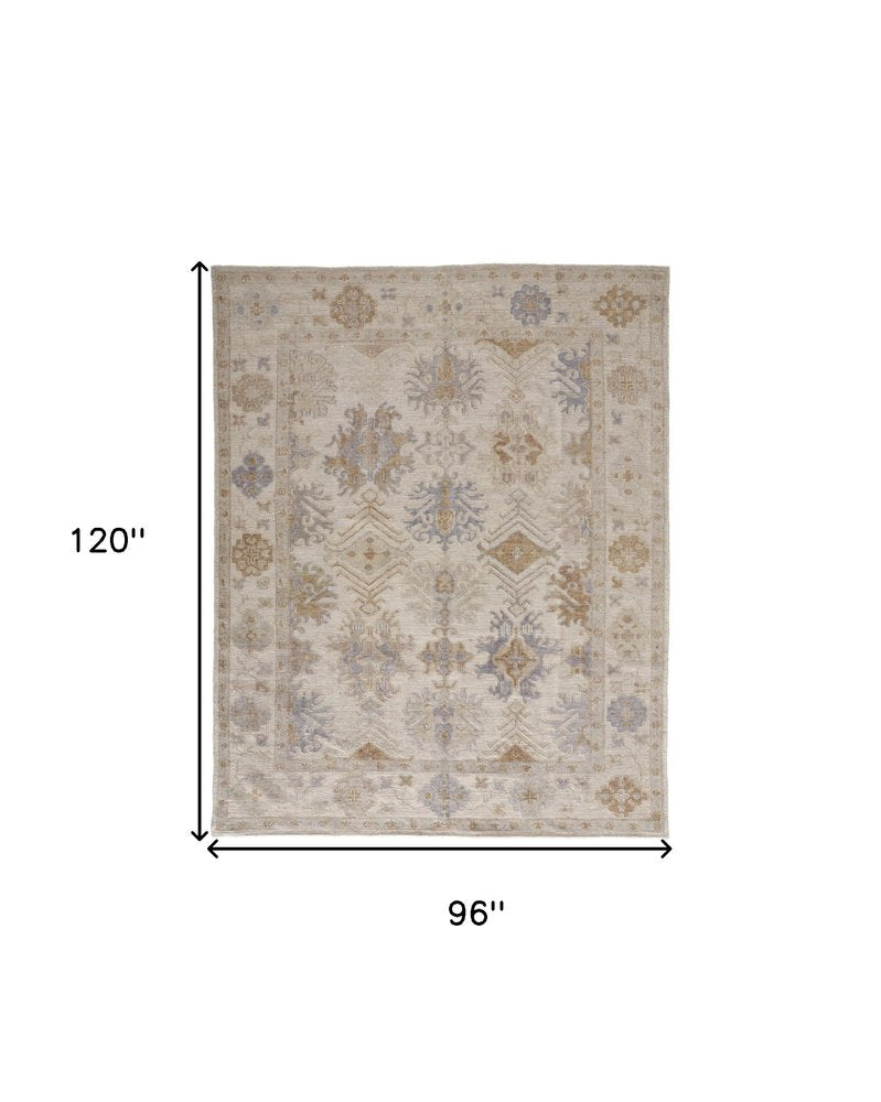 8' X 10' Ivory Tan And Blue Floral Hand Knotted Area Rug — view 2