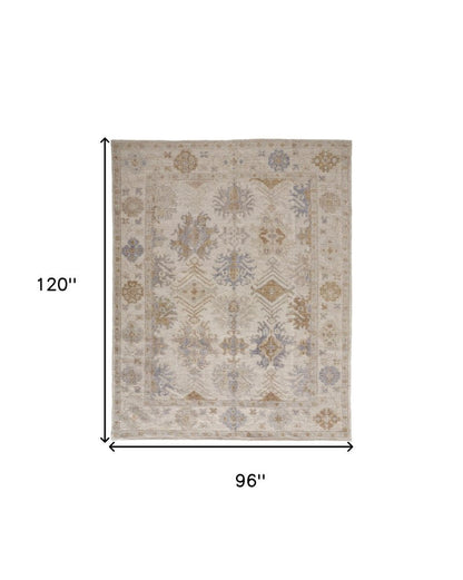 8' X 10' Ivory Tan And Blue Floral Hand Knotted Area Rug HomeRoots