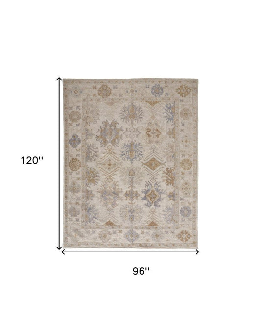 8' X 10' Ivory Tan And Blue Floral Hand Knotted Area Rug