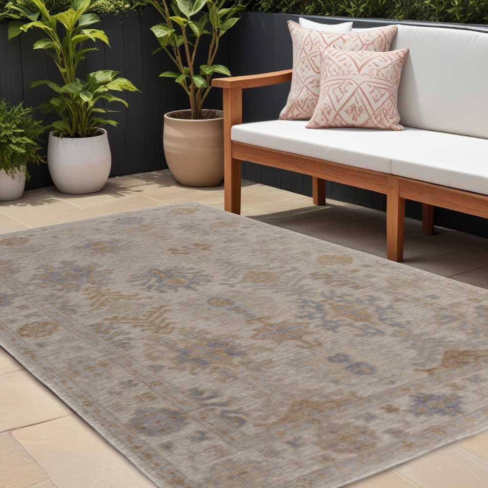 8' X 10' Ivory Tan And Blue Floral Hand Knotted Area Rug HomeRoots