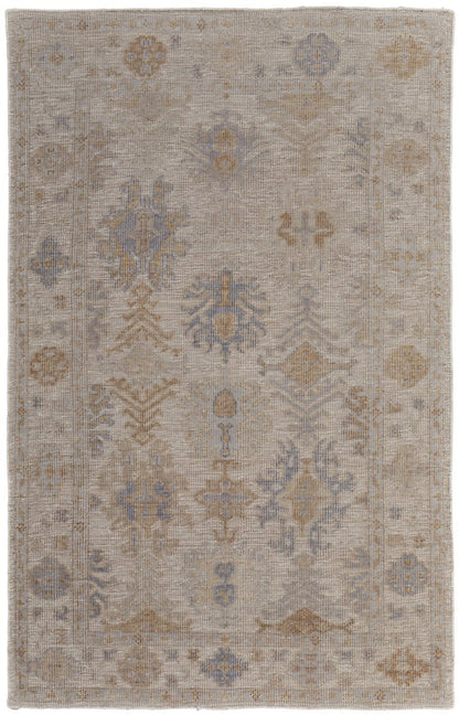 8' X 10' Ivory Tan And Blue Floral Hand Knotted Area Rug HomeRoots