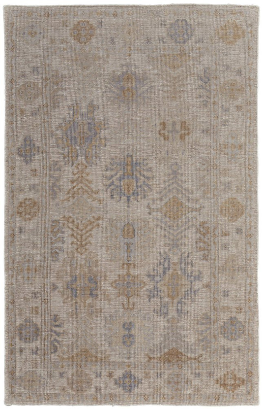 8' X 10' Ivory Tan And Blue Floral Hand Knotted Area Rug