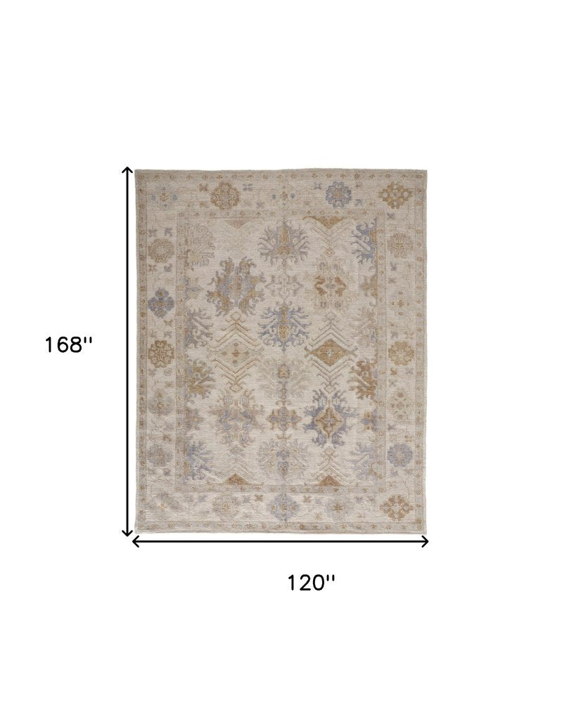 8' X 10' Ivory Tan And Blue Floral Hand Knotted Area Rug HomeRoots