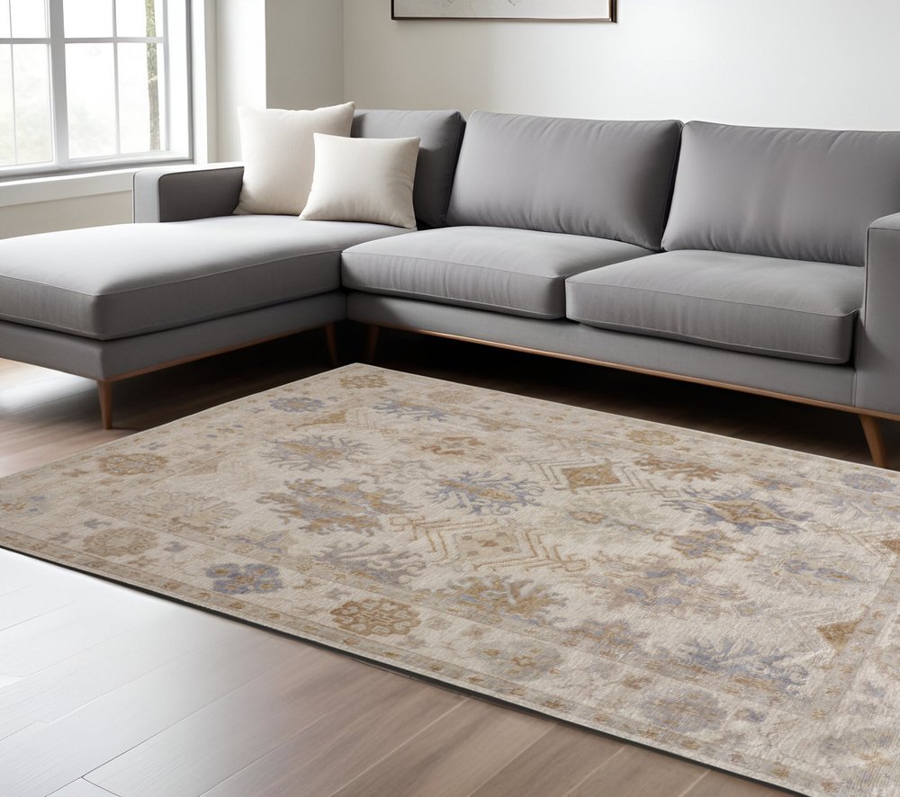 8' X 10' Ivory Tan And Blue Floral Hand Knotted Area Rug — view 12