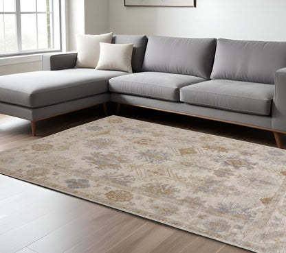 8' X 10' Ivory Tan And Blue Floral Hand Knotted Area Rug HomeRoots