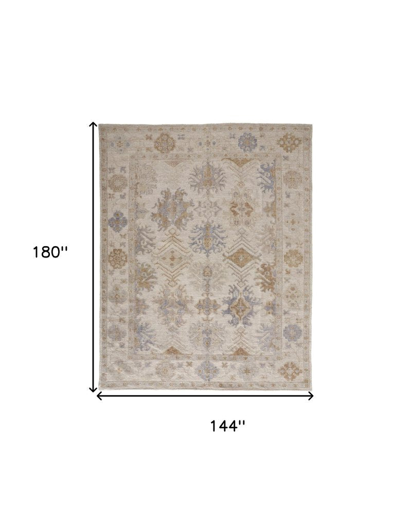 8' X 10' Ivory Tan And Blue Floral Hand Knotted Area Rug HomeRoots
