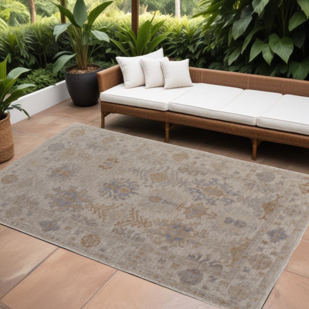 8' X 10' Ivory Tan And Blue Floral Hand Knotted Area Rug HomeRoots