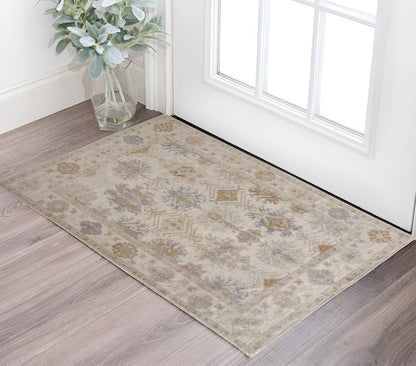 8' X 10' Ivory Tan And Blue Floral Hand Knotted Area Rug HomeRoots