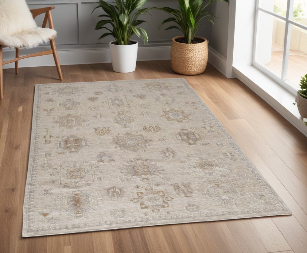 4' X 6' Tan and Brown Floral Hand Knotted Area Rug — view 1
