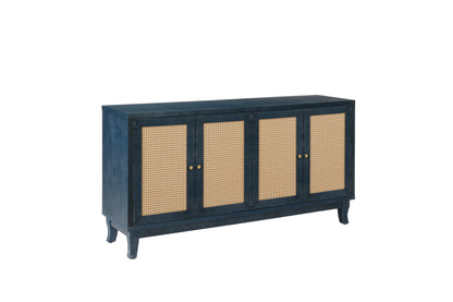 Handcrafted Premium Grain Panels Rattan Sideboard Buffer Cabinet Accent Storage Cabinet With 4 Rattan Doors BLUE - FurniFindUSA