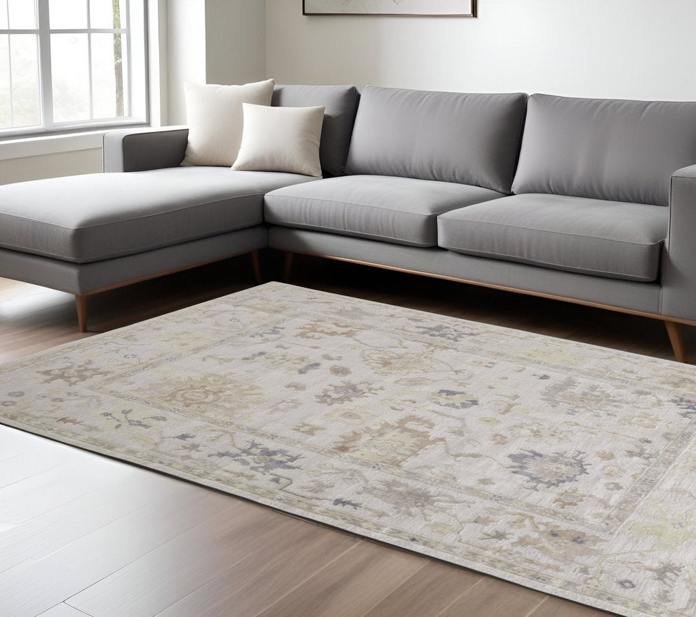 4' X 6' Tan Ivory And Orange Floral Hand Knotted Stain Resistant Area Rug HomeRoots