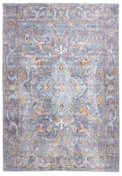 9' X 12' Blue Gray And Orange Floral Area Rug - 110.0" (H) x 144.0" (W) x 0.08" (D)