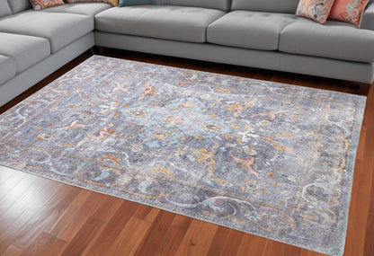 9' X 12' Blue Gray And Orange Floral Area Rug - 110.0" (H) x 144.0" (W) x 0.08" (D)