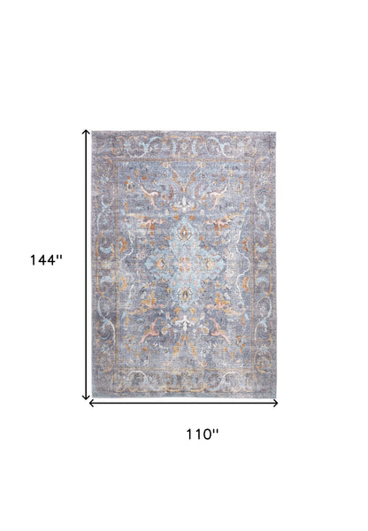 9' X 12' Blue Gray And Orange Floral Area Rug - 110.0" (H) x 144.0" (W) x 0.08" (D)