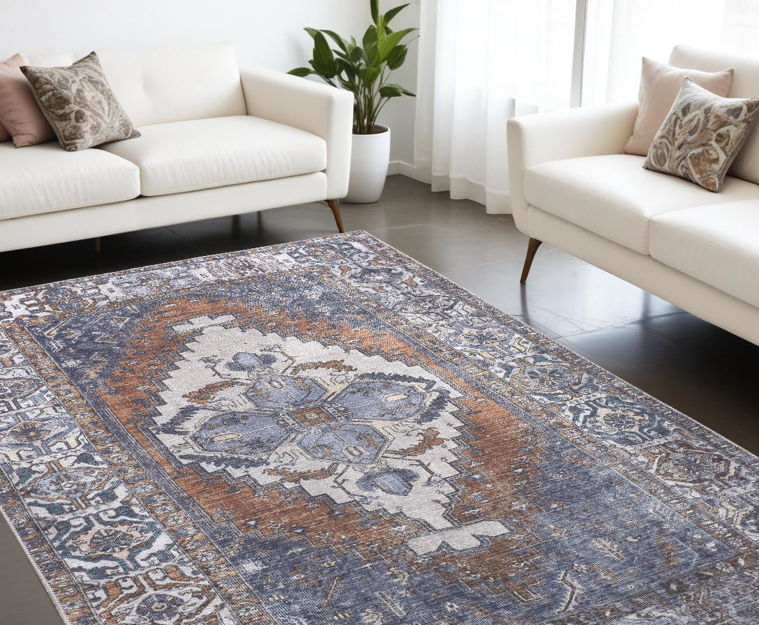 9' X 12' Blue Ivory And Brown Floral Area Rug - 110.0" (H) x 144.0" (W) x 0.08" (D)