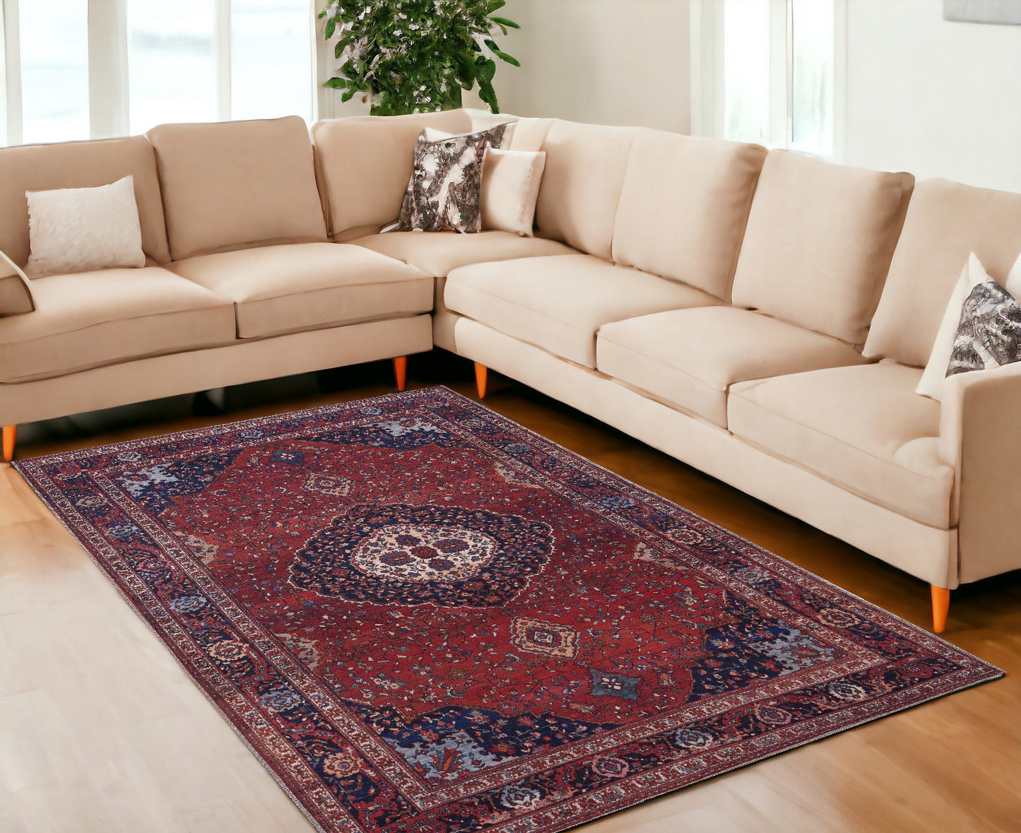 9' X 12' Red Blue And Tan Floral Power Loom Area Rug