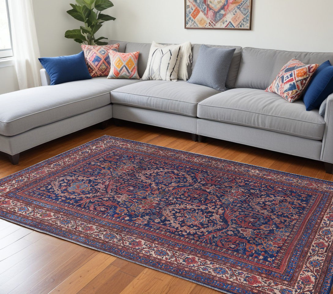 9' X 12' Red Blue And Tan Floral Power Loom Area Rug