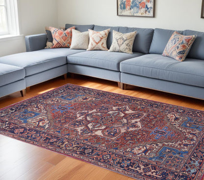 9' X 12' Red Tan And Blue Floral Power Loom Area Rug