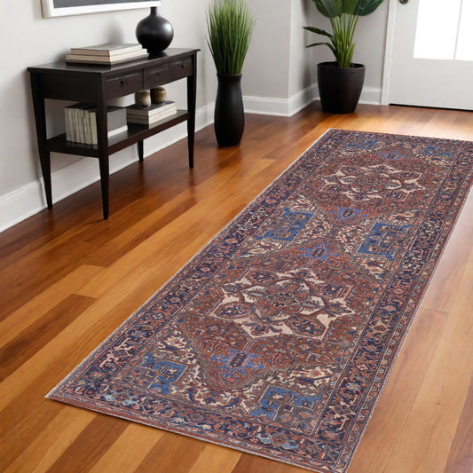 8' Red Tan And Blue Floral Power Loom Runner Rug - 24" H x 31" W x 96" D