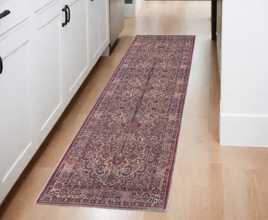 8' Red Tan And Pink Floral Power Loom Runner Rug - 31.0" (H) x 96.0" (W) x 0.24" (D)