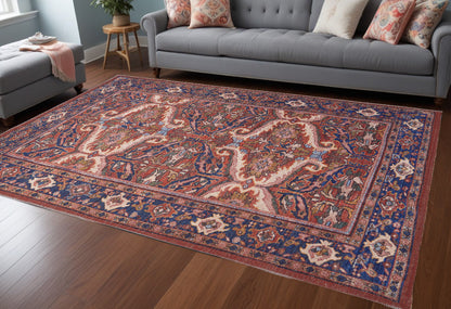 9' X 12' Red Tan And Blue Floral Power Loom Area Rug