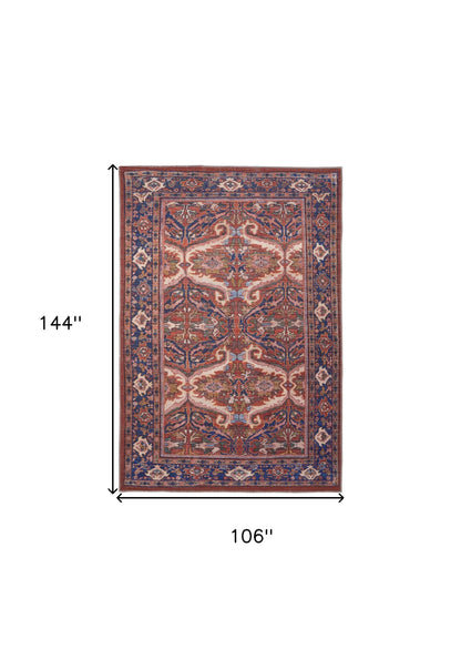 9' X 12' Red Tan And Blue Floral Power Loom Area Rug