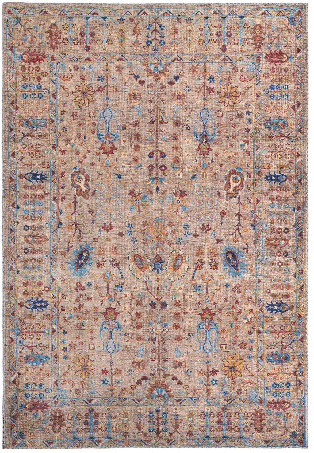 9' X 12' Tan Pink And Blue Floral Power Loom Area Rug - 106.0" (H) x 144.0" (W) x 0.24" (D)