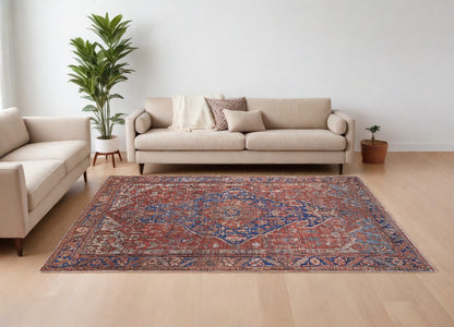 9' X 12' Red Tan And Blue Floral Power Loom Area Rug