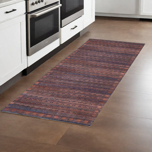 8' Red Brown And Blue Floral Power Loom Runner Rug - 31.0" (H) x 96.0" (W) x 0.24" (D)