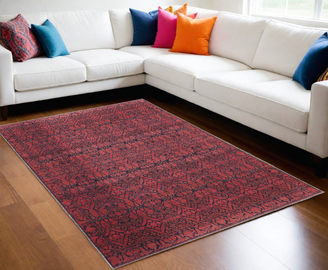 9' X 12' Red And Black Floral Power Loom Area Rug - 106.0" (H) x 144.0" (W) x 0.24" (D)