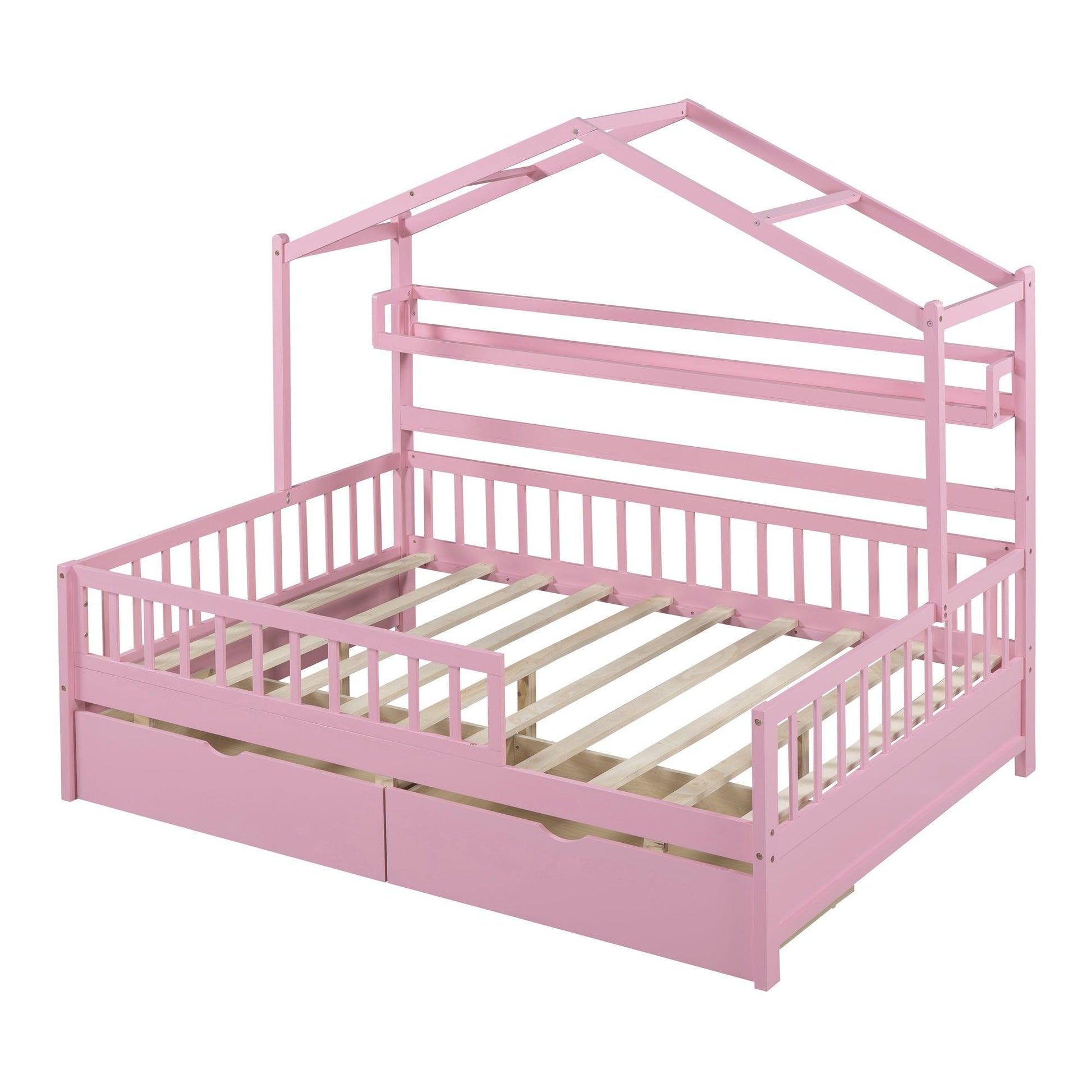 Wooden Full Size House Bed with 2 Drawers Kids Bed with Storage Shelf Pink - FurniFindUSA