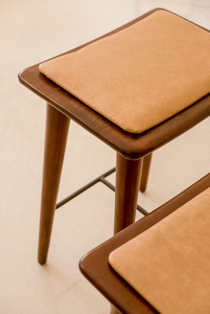 24" Cream And Brown Genuine Leather And Solid Wood Backless Counter Height Bar Chair HomeRoots