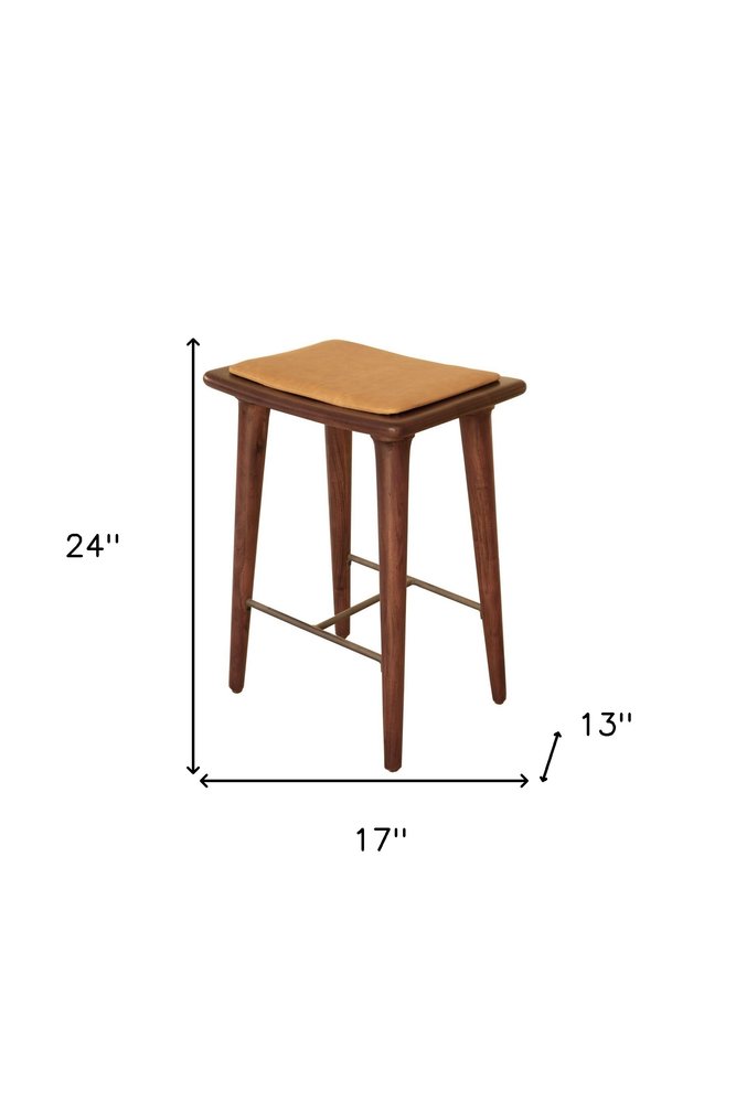 24" Cream And Brown Genuine Leather And Solid Wood Backless Counter Height Bar Chair HomeRoots